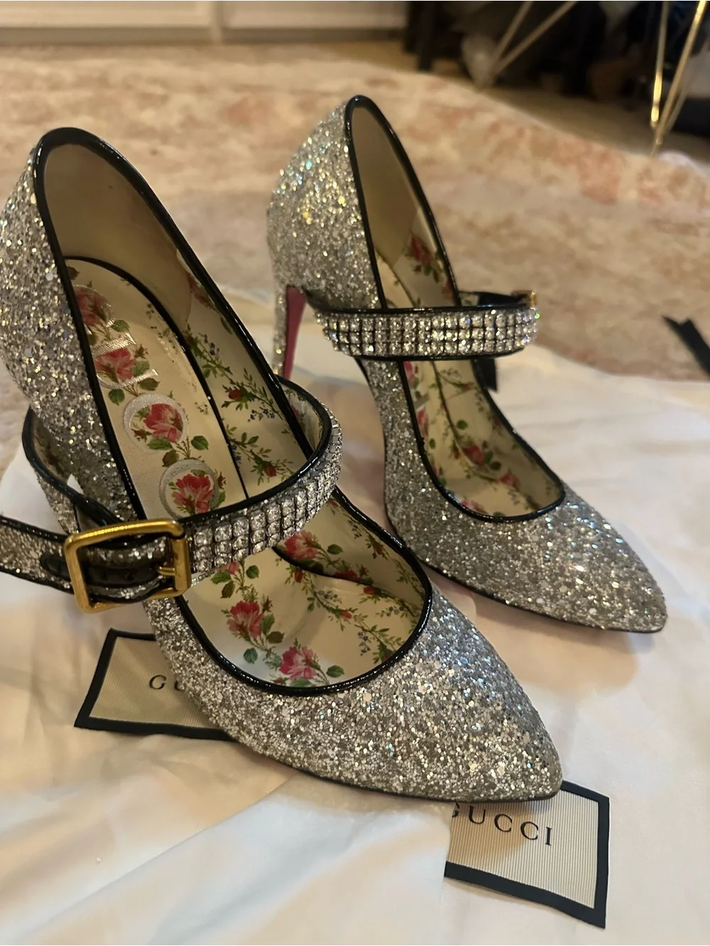 Gucci Silver Glitter Pointed Mary Jane Flats with Rhinestone Strap